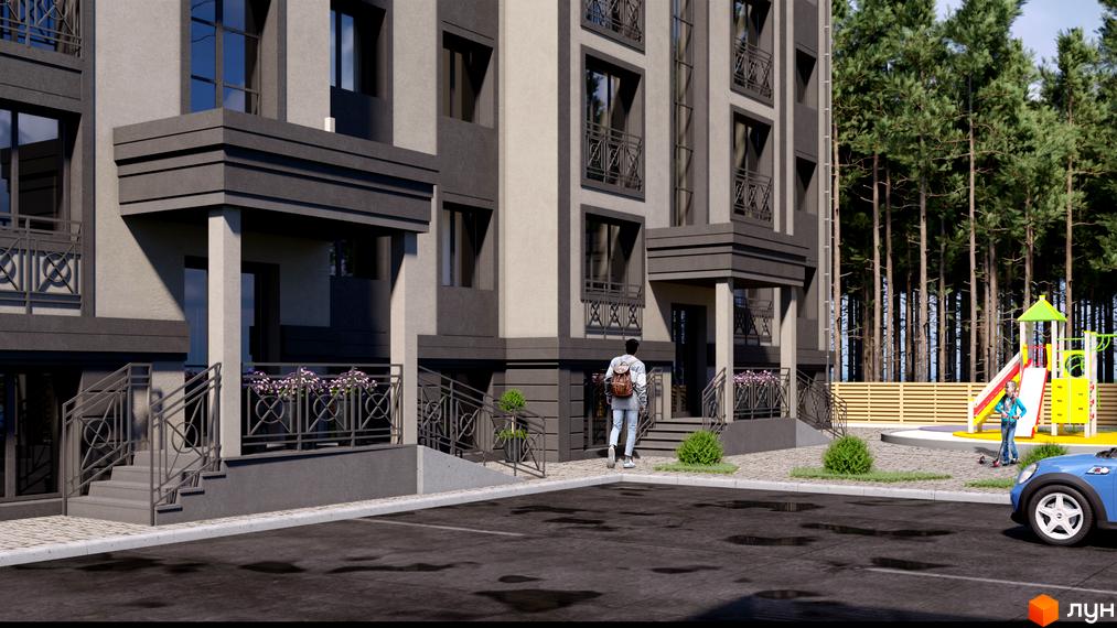 Зовнішній вигляд новобудови ЖК Renome з сірими та бежевими фасадами. Поруч дитячий майданчик та зелені насадження.