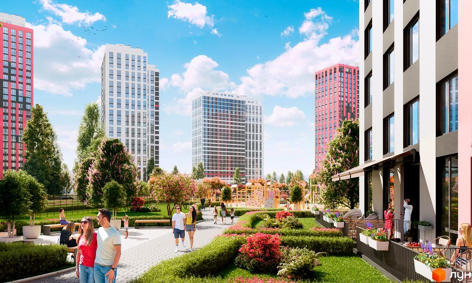 Житловий комплекс Варшавський Плюс: сучасні висотні будинки з яскравими фасадами та доглянутою прибудинковою територією з зонами відпочинку та дитячими майданчиками.