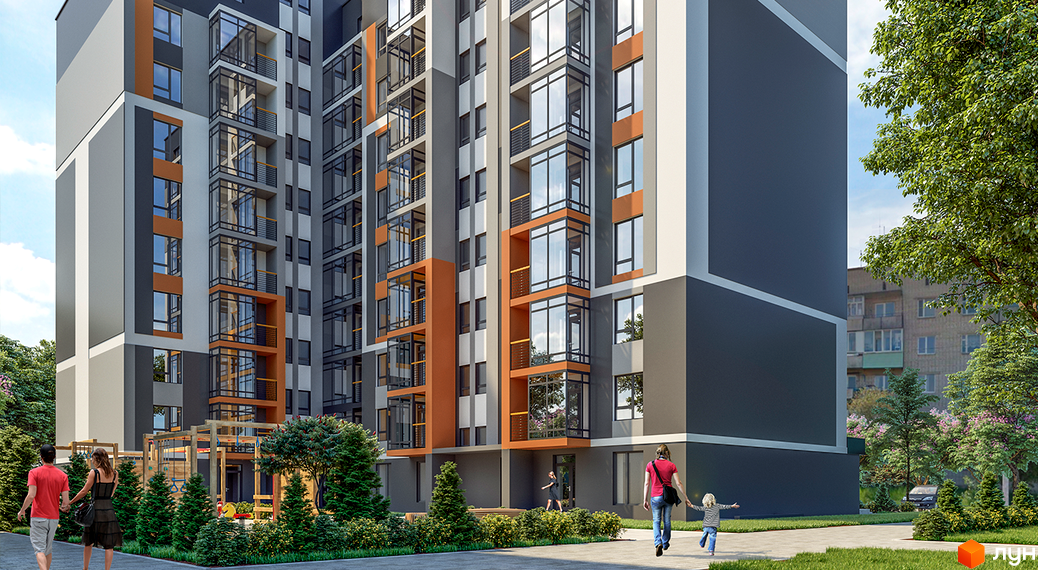 Зовнішній вигляд новобудови ЖК Рідне Місто з панорамними вікнами та балконами. Прибудинкова територія з деревами та дитячим майданчиком.