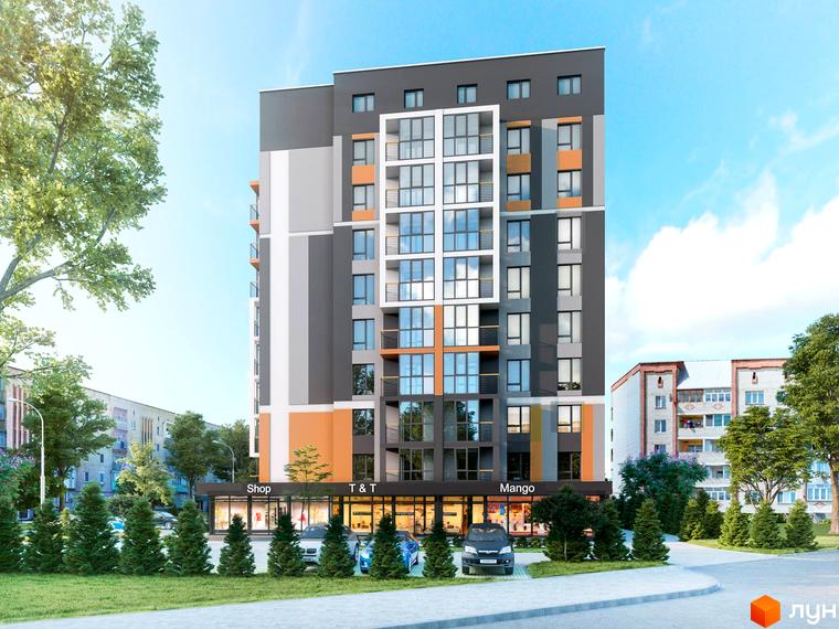 Зовнішній вигляд новобудови ЖК Рідне Місто з фасадом у сірих та помаранчевих тонах. Прибудинкова територія з деревами та автомобілями.