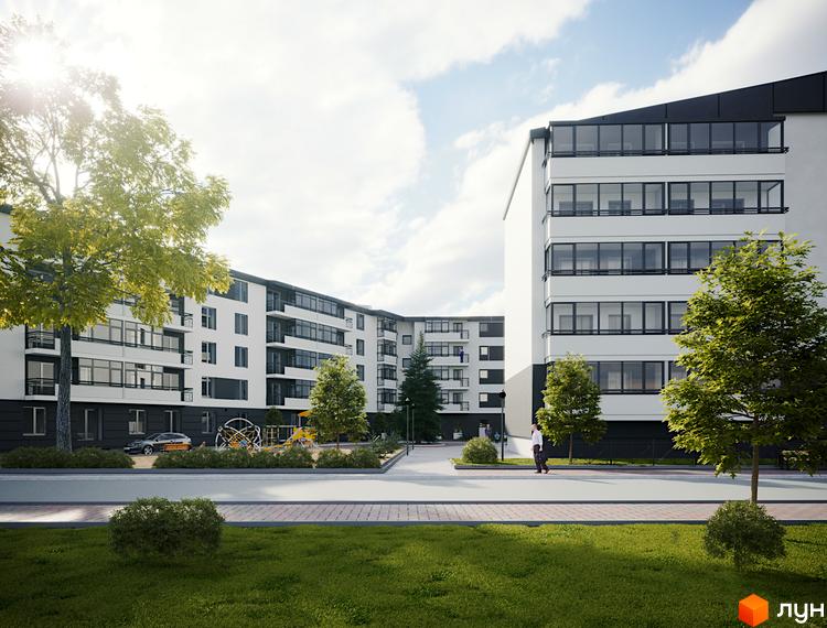 Білі багатоповерхові будинки Житлового комплексу Місто Комфорту на Лісневицькій з темними вікнами та балконами. Поруч зелені дерева, трава та дитячий майданчик.