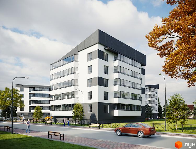 Зовнішній вигляд Житлового комплексу Місто Комфорту на Лісневицькій. Багатоповерховий будинок з великими вікнами та прибудинковою територією.