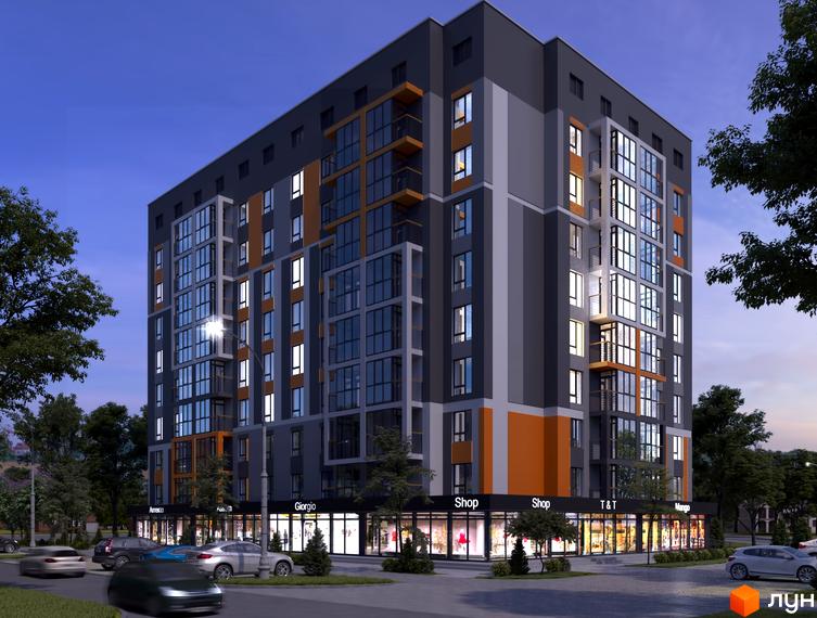 Зовнішній вигляд новобудови ЖК Рідне Місто з фасадом сірого та помаранчевого кольорів та великими вікнами. Перед будинком розташована дорога з автомобілями та зелені насадження.