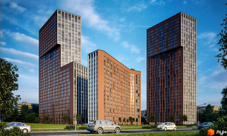 Житловий комплекс SOLAR CITY. Високі будинки з цегляними фасадами на тлі блакитного неба. На території є зелені газони та парковка для автомобілів.