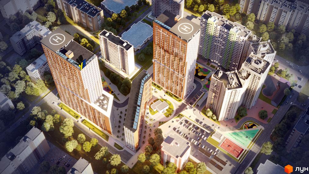 Високоповерхові будинки ЖК SOLAR CITY з вертолітними майданчиками на дахах. На території комплексу є дитячий майданчик, парковка та зелені насадження.