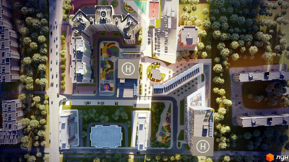 Вид зверху на ЖК SOLAR CITY. На зображенні видно багатоповерхові будинки, прибудинкову територію з дитячими майданчиками, парковкою та зеленими насадженнями.