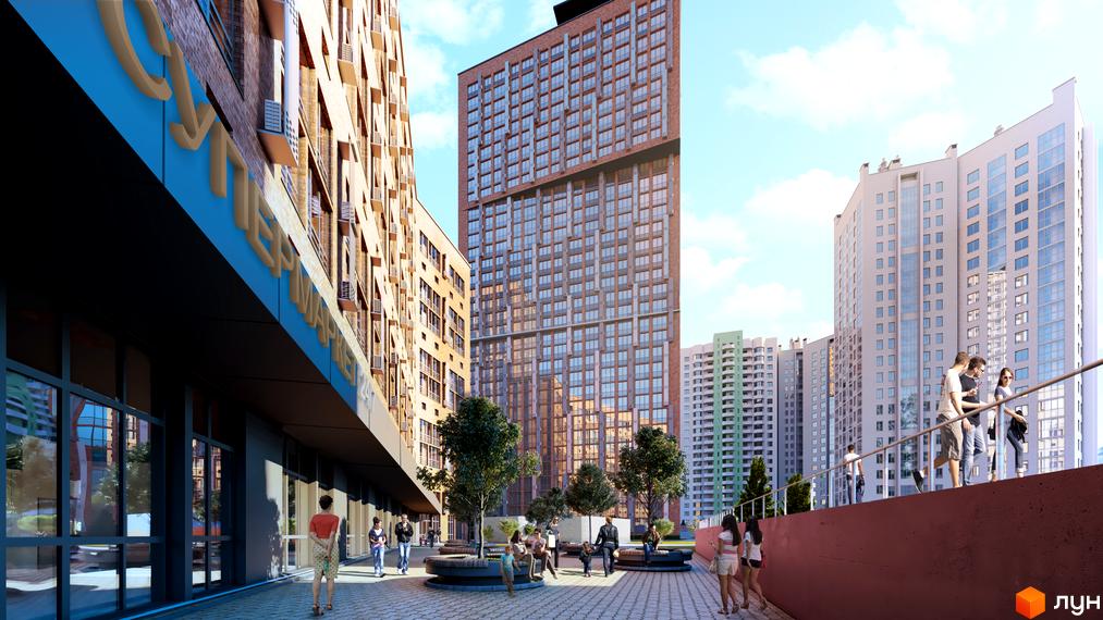 Висотна будівля ЖК SOLAR CITY з цегляним фасадом. На прибудинковій території облаштовані місця для відпочинку, висаджені дерева.