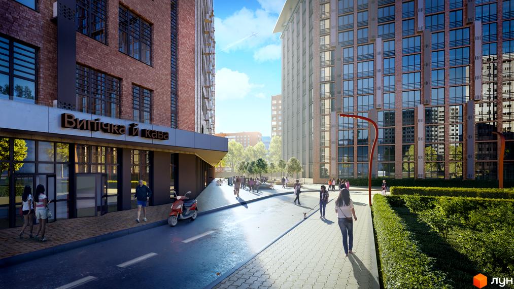 Житловий комплекс SOLAR CITY. Високі будинки з великими вікнами. Простора прибудинкова територія з алеями для прогулянок та зеленими насадженнями.