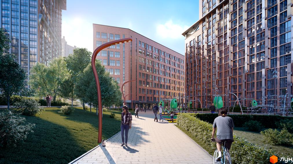 Житловий комплекс SOLAR CITY з будинками з червоної цегли. На території комплексу є дитячий майданчик та алея для прогулянок.