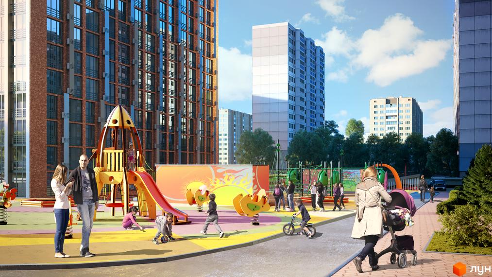 Житловий комплекс SOLAR CITY з дитячим майданчиком та багатоповерховими будинками. На території комплексу є зелені насадження та місця для відпочинку.