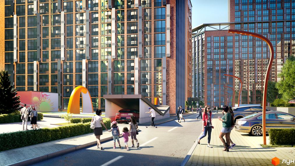 Житловий комплекс SOLAR CITY з просторими фасадами та великими вікнами. На території комплексу є пішохідні доріжки, зелені насадження та місця для відпочинку.