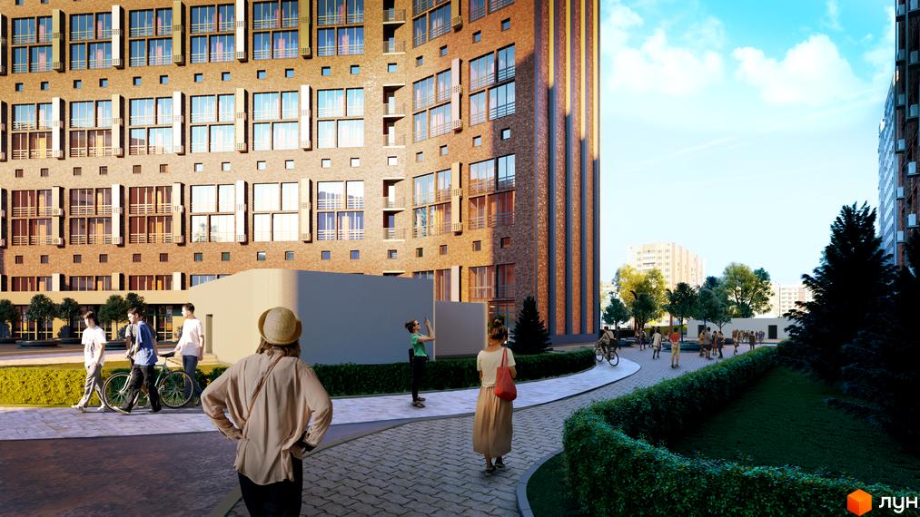 Житловий комплекс SOLAR CITY з фасадом з цегли. На території комплексу є доріжки для прогулянок та зелені насадження.