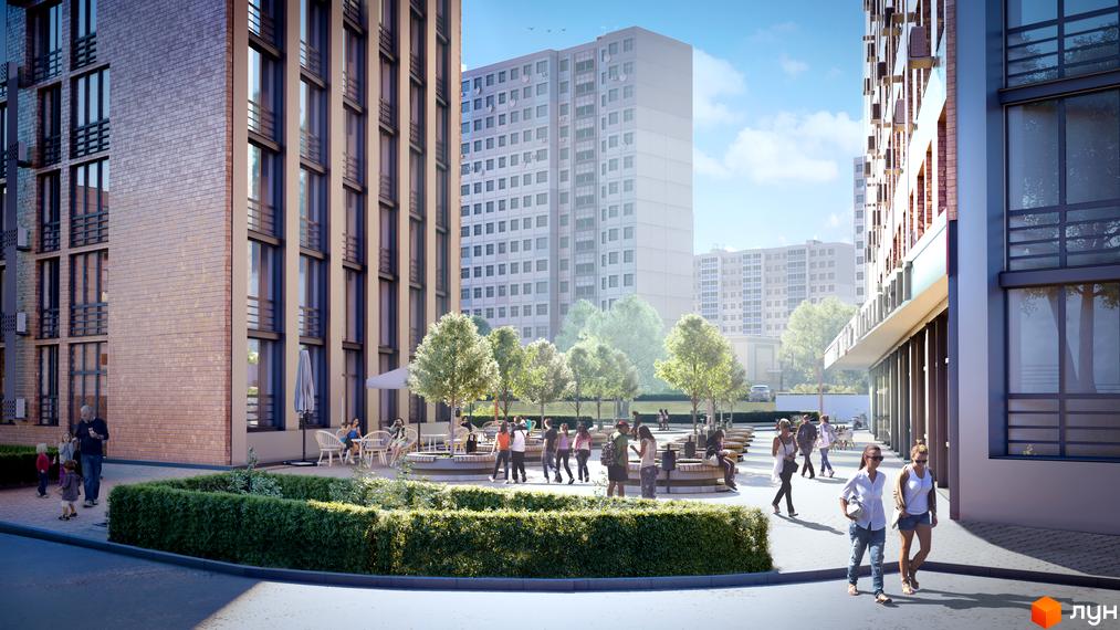 Житловий комплекс SOLAR CITY з фасадом з цегли. На території комплексу є зелені насадження, місця для відпочинку та прогулянок.