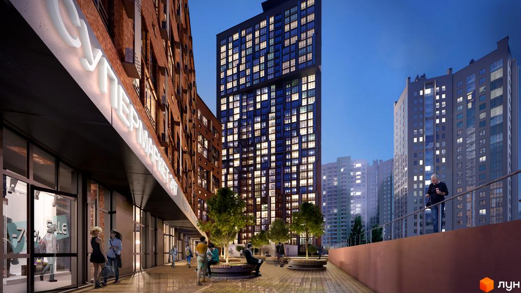 Висотна новобудова ЖК SOLAR CITY з великими вікнами та яскравим освітленням. На території комплексу розташовані зони відпочинку з деревами та лавками.