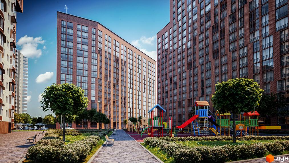 Високі будинки з цегляними фасадами в ЖК SOLAR CITY. На території є дитячий майданчик та доріжки для прогулянок.