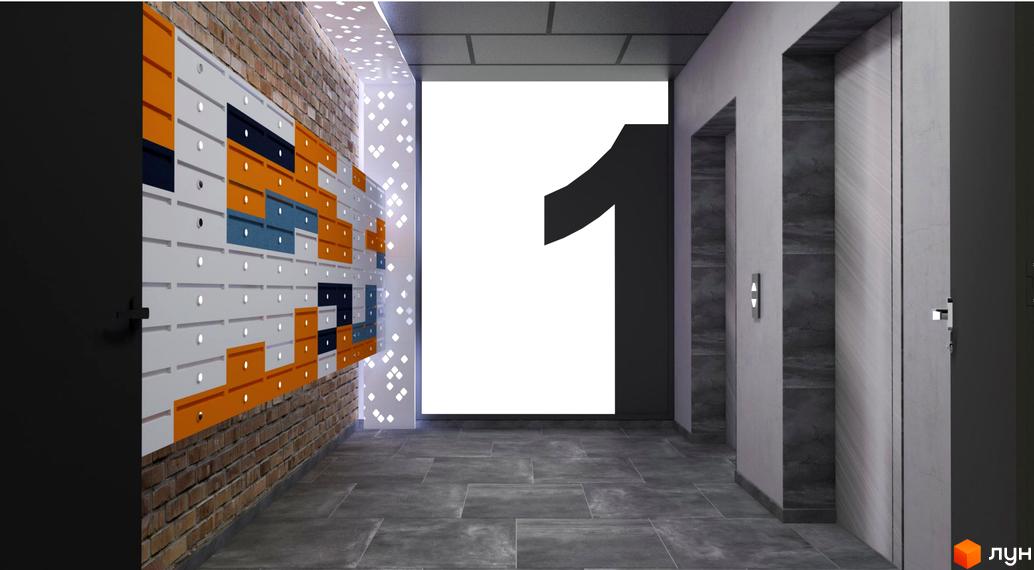 Інтер'єр холу в ЖК SOLAR CITY з дверима ліфтів, стіною з декоративними панелями та великою цифрою 1. Просторий хол з сірою плиткою на підлозі.