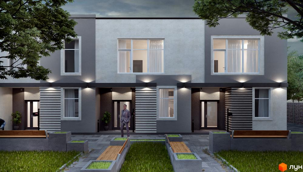 Зовнішній вигляд таунхаусів Townhouseclub з сірими та білими фасадами, вікнами та освітленням. Прибудинкова територія з газоном та лавками.