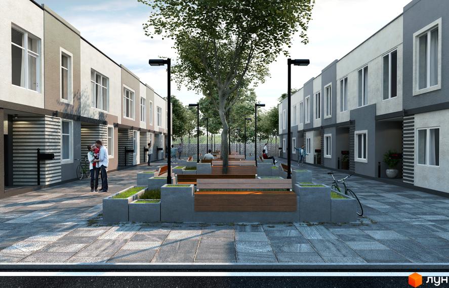 Зовнішній вигляд таунхаусів Townhouseclub з сірими та білими фасадами, вікнами та дверима. Прибудинкова територія з лавками, деревами та бруківкою.