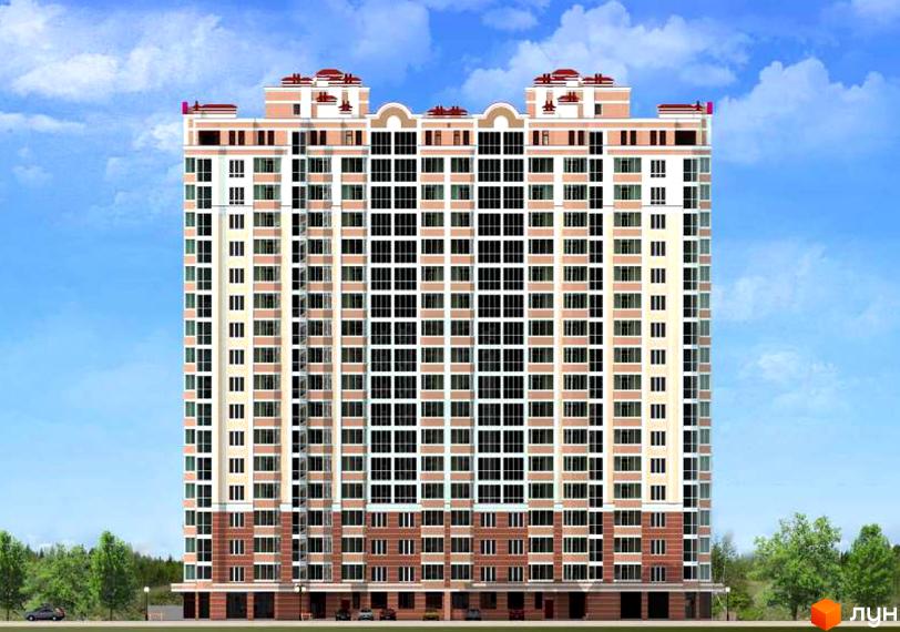 Фасад житлового комплексу Сяйво 2 з численними вікнами та цегляною обробкою нижніх поверхів. Навколо будинку зелені дерева та невелика кількість автомобілів.