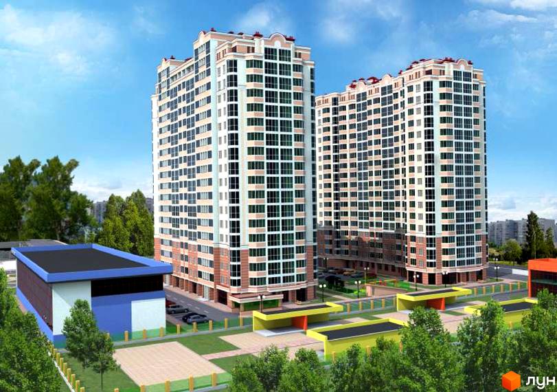 Житловий комплекс Сяйво 2 – це сучасна новобудова з двома висотними будинками та упорядкованою прибудинковою територією. На зображенні видно зелені насадження та зони відпочинку.