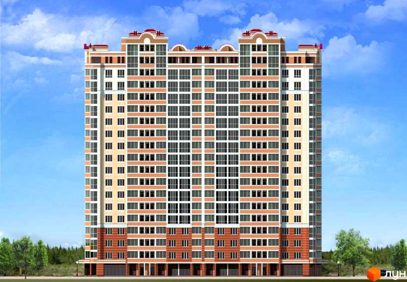 Зовнішній вигляд новобудови ЖК Сяйво 2: висотна будівля з численними вікнами та балконами, оздоблена цеглою та світлою штукатуркою. Навколо будівлі зелені дерева та блакитне небо з хмарами.