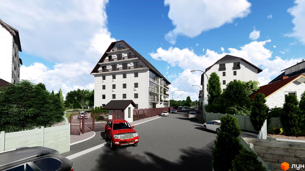 Зовнішній вигляд будинків ЖК Успішний квартал з фасадами білого кольору та темними дахами. Прибудинкова територія з дорогою та деревами.