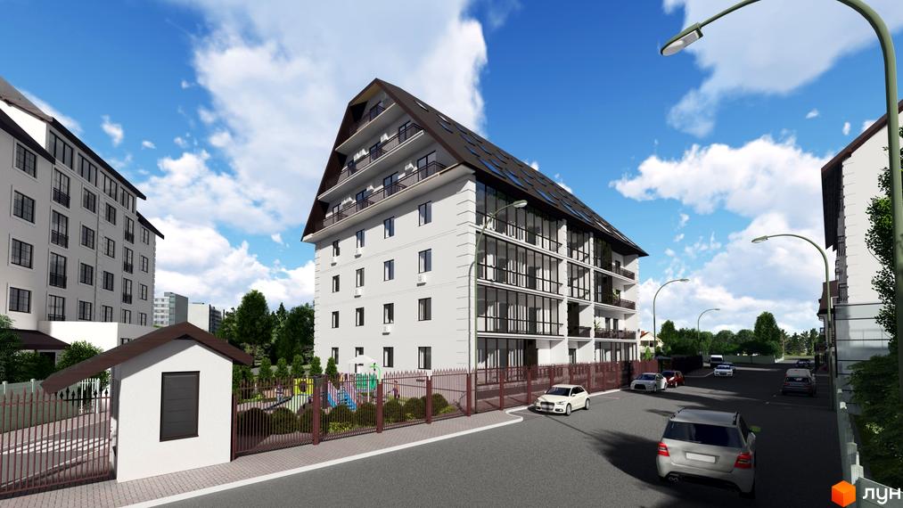 Зовнішній вигляд новобудови ЖК Успішний квартал з великими вікнами та балконами. На прибудинковій території дитячий майданчик та парковка.