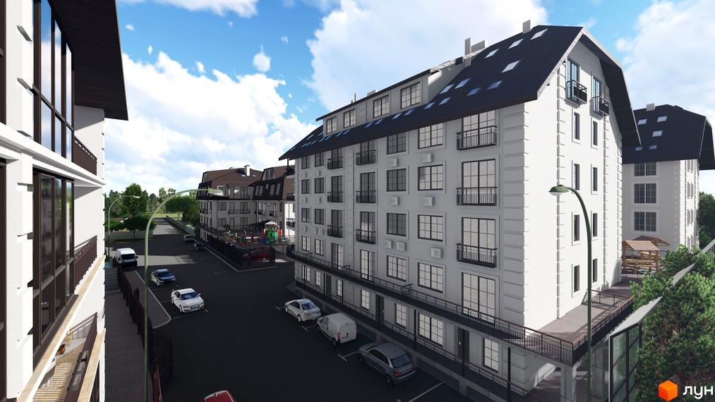 Зовнішній вигляд житлового комплексу Успішний квартал з білими фасадами, темним дахом та балконами. Прибудинкова територія з дорогою та зеленими насадженнями.