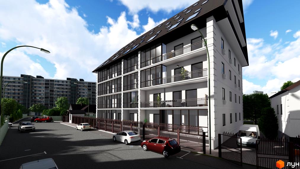 Житловий комплекс Успішний квартал: багатоповерхова будівля з балконами та великими вікнами, парковка та огороджена територія.