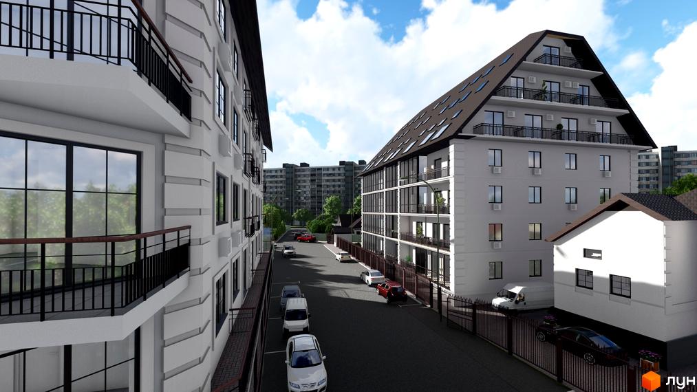 Зовнішній вигляд новобудови ЖК Успішний квартал з балконами та вікнами, що виходять на вулицю з припаркованими автомобілями та зеленими насадженнями.