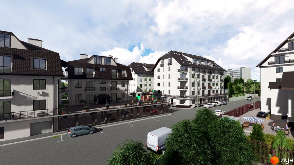 Зовнішній вигляд житлового комплексу Успішний квартал з білими фасадами та темними дахами. На прибудинковій території розташовані дитячий майданчик та місця для відпочинку.