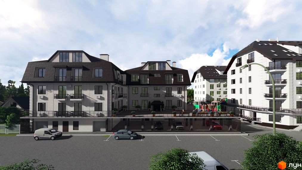 Зовнішній вигляд житлового комплексу Успішний квартал з підземним паркінгом та дитячим майданчиком. Сучасна архітектура та доглянута прибудинкова територія.