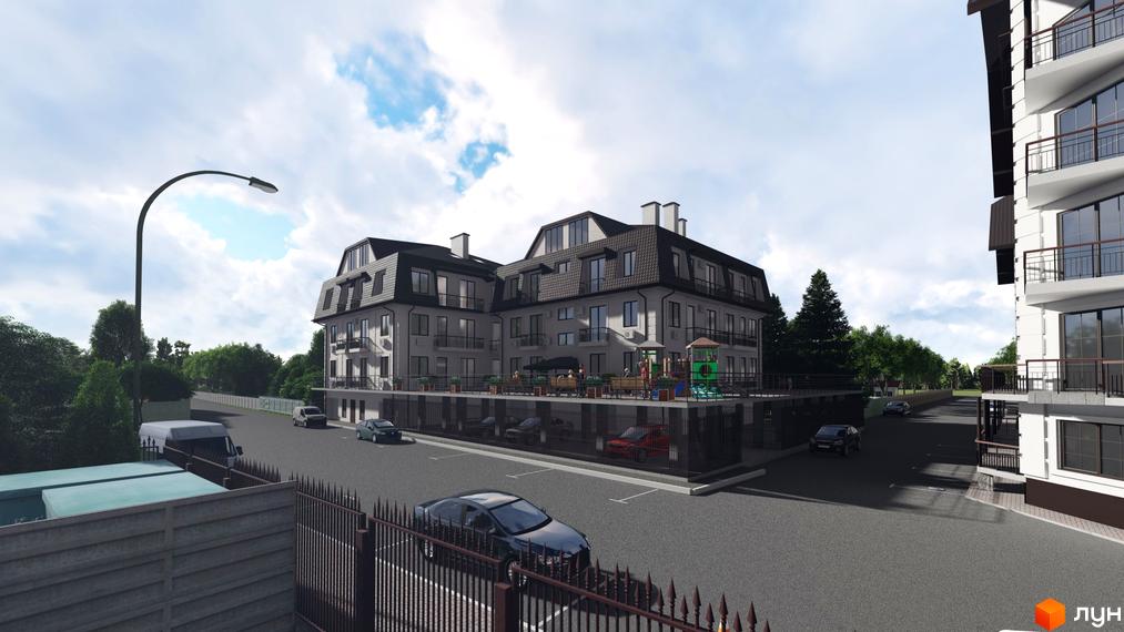 Житловий комплекс Успішний квартал з сірими фасадами, мансардними дахами та балконами. На прибудинковій території розташовані парковка та дитячий майданчик.