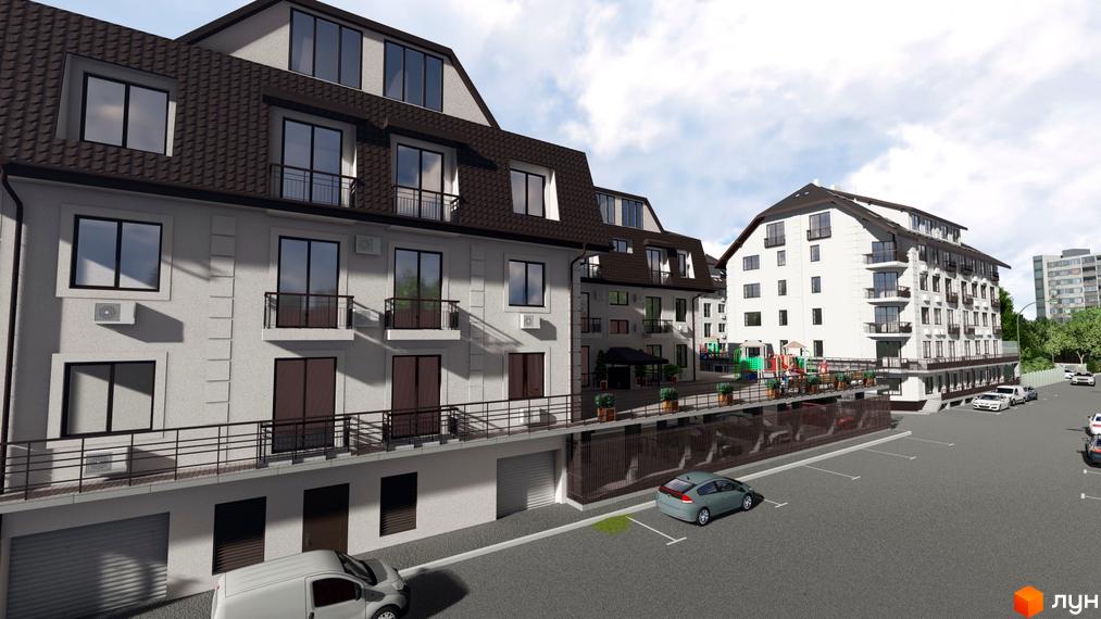 Зовнішній вигляд житлового комплексу Успішний квартал з білими фасадами, темними дахами та балконами. На прибудинковій території розташовані парковка та дитячий майданчик.