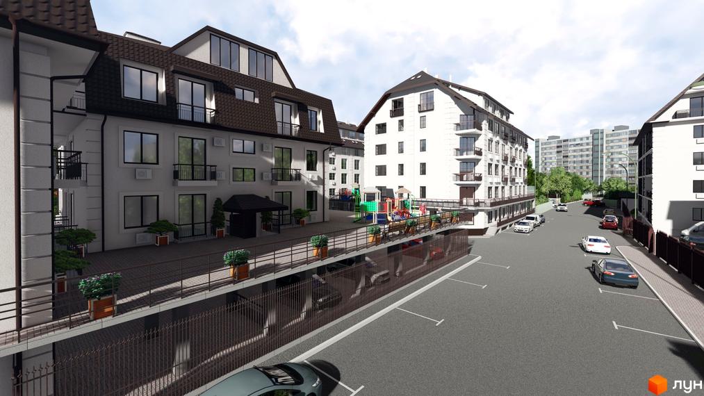 Житловий комплекс Успішний квартал: білі фасади, темні дахи. Поруч вулиця з авто та дитячий майданчик.