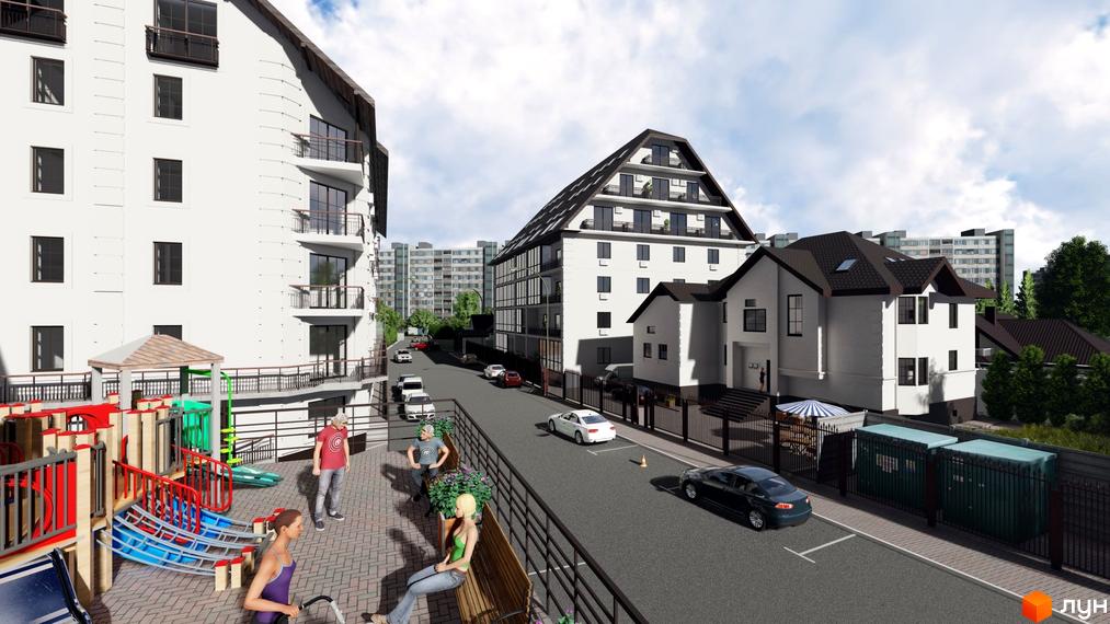 Зовнішній вигляд новобудови ЖК Успішний квартал з дитячим майданчиком та дорогою з автомобілями. Опис житлового комплексу та прибудинкової території.