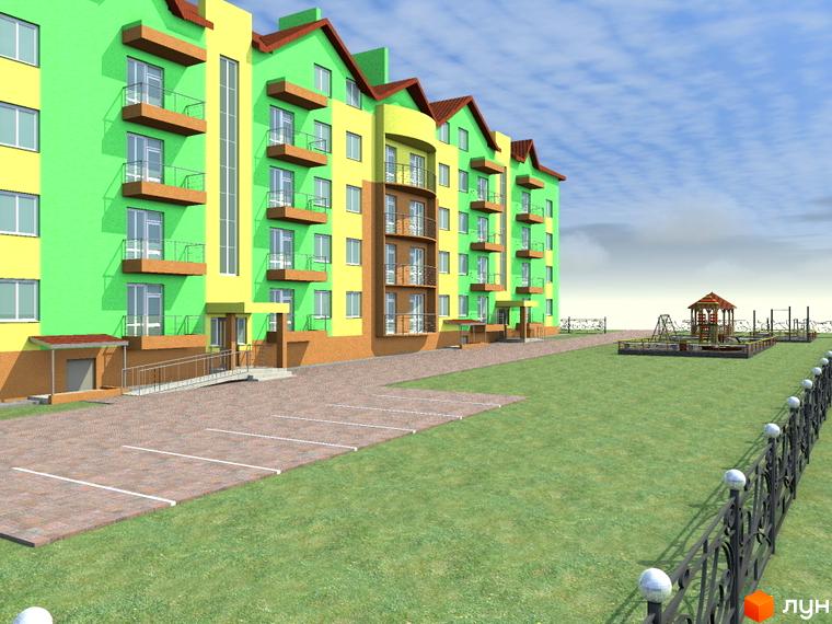 Зображення фасаду та прибудинкової території Житлового комплексу Ромашка. Багатоповерховий будинок з балконами та дитячим майданчиком.