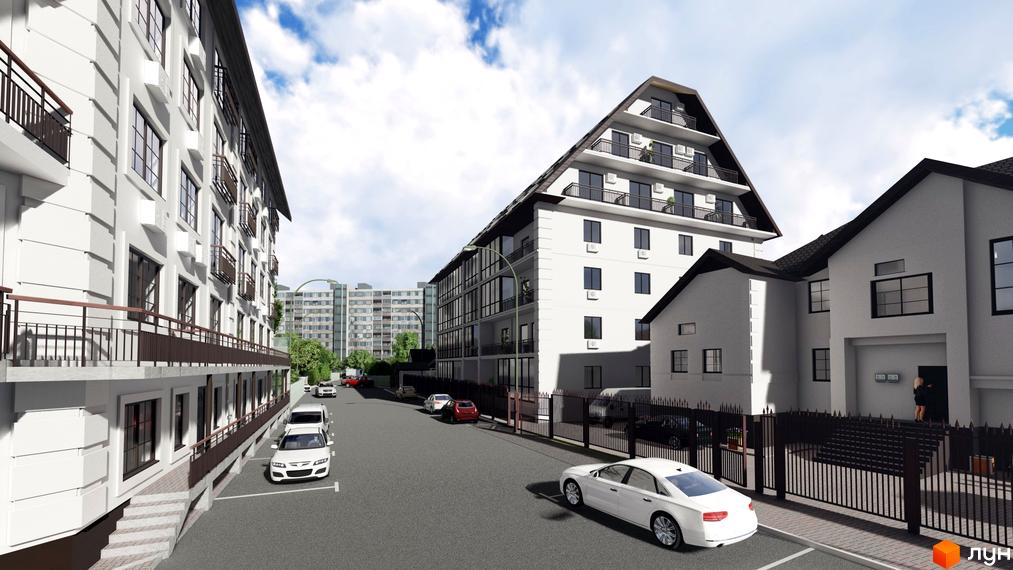Зовнішній вигляд новобудови ЖК Успішний квартал з сучасними фасадами та балконами. Прибудинкова територія з дорогою та автомобілями.