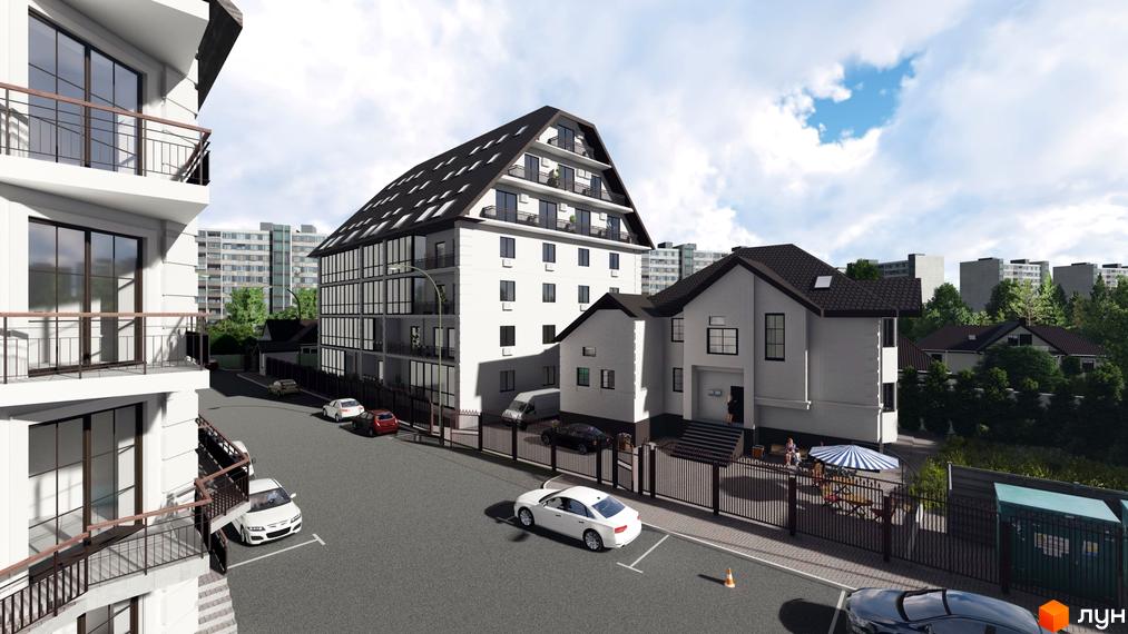 Зовнішній вигляд житлового комплексу Успішний квартал з кількома будинками різної поверховості та прибудинковою територією з автомобілями та місцями для паркування.