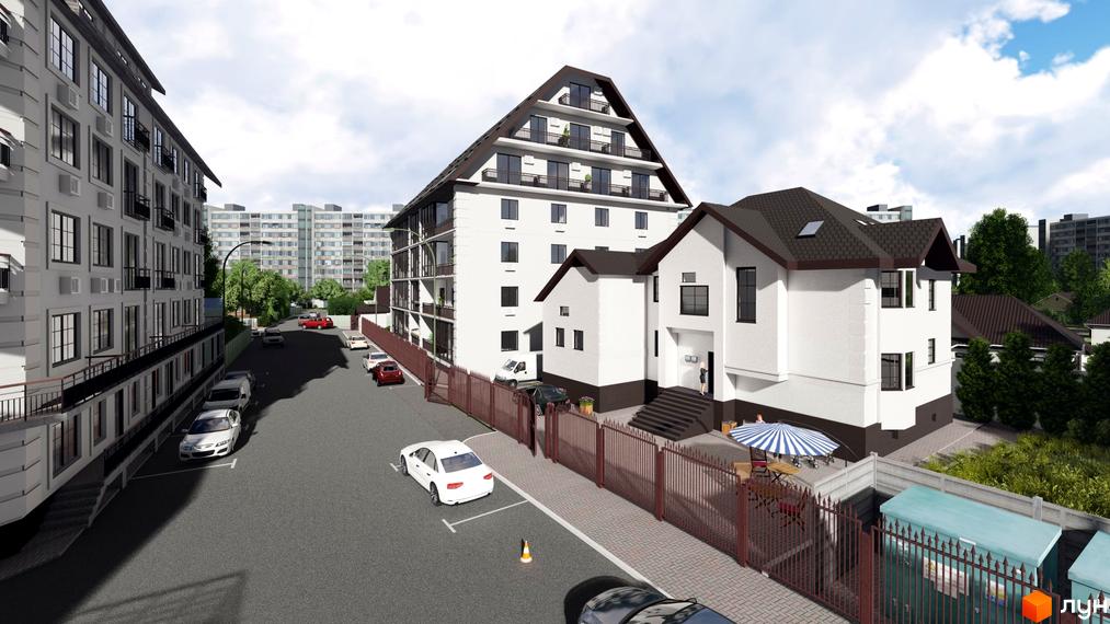 Зовнішній вигляд будинку ЖК Успішний квартал з білою фасадою та темним дахом. Прибудинкова територія з паркуванням та зеленими насадженнями.