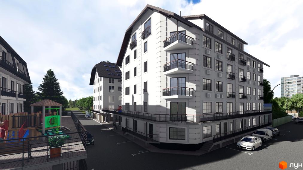 Зовнішній вигляд житлового комплексу Успішний квартал з дитячим майданчиком та парковкою. Сучасна архітектура новобудови.