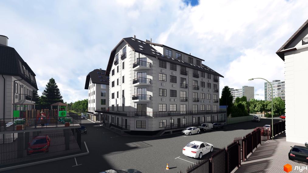 Житловий комплекс Успішний квартал: фасади білих багатоповерхових будинків з темними дахами та балконами. Прибудинкова територія з парковкою, дитячим майданчиком та зеленими насадженнями.