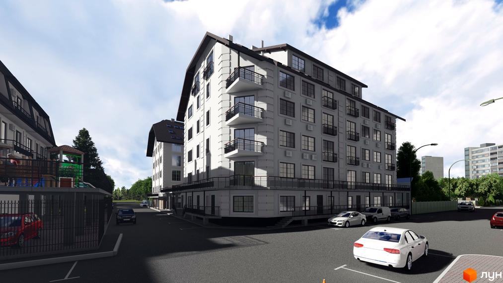 Зовнішній вигляд новобудови ЖК Успішний квартал з балконами та парковкою. Навколо будинку розташовані дерева та автомобілі.