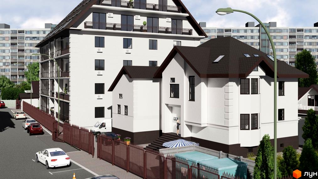 Зовнішній вигляд новобудови ЖК Успішний квартал з білими фасадами та темним дахом. Прибудинкова територія з парканом, парковкою та зеленими насадженнями.