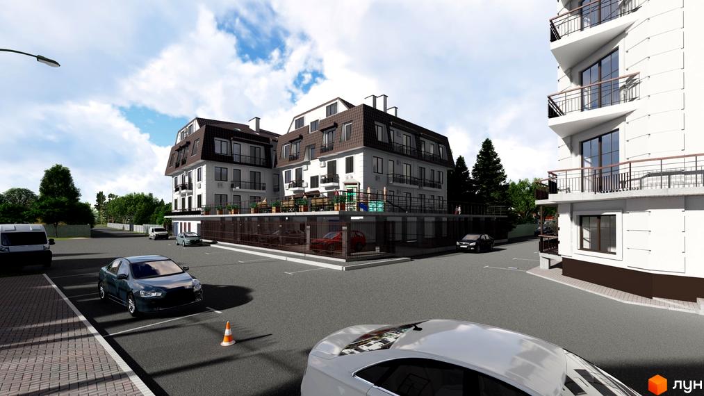 Зовнішній вигляд житлового комплексу Успішний квартал з балконами та дахом, що нагадує мансарду. Прибудинкова територія з парковкою та зеленими насадженнями.