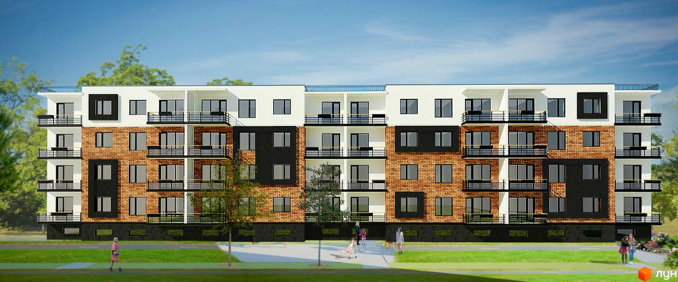 Житловий комплекс Finland Yard: багатоповерховий будинок з білими, цегляними та темними фасадами, балконами. Навколо зелені газони, дерева та пішохідні доріжки.