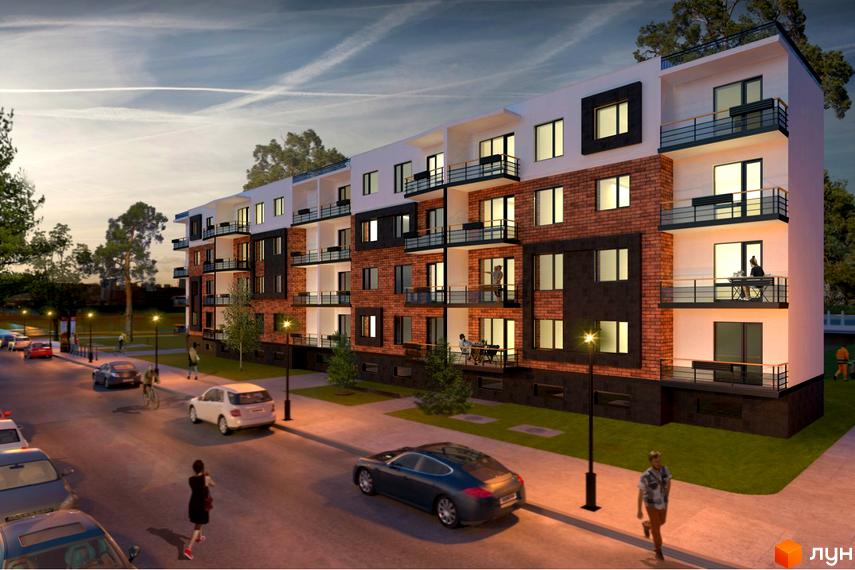 Житловий комплекс Finland Yard з цегляними фасадами та балконами. На вулиці припарковані автомобілі, а тротуари освітлюються ліхтарями.