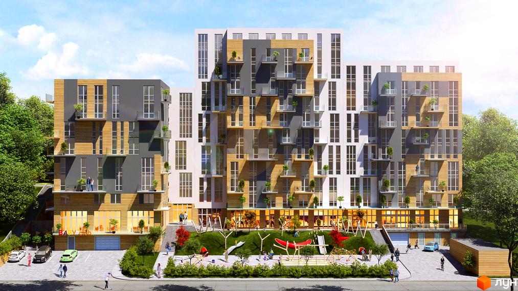 Новобудова ЖК OBRIY2 з фасадами з дерева та сірих панелей, балконами та великими вікнами. На прибудинковій території дитячий майданчик та зелені насадження.