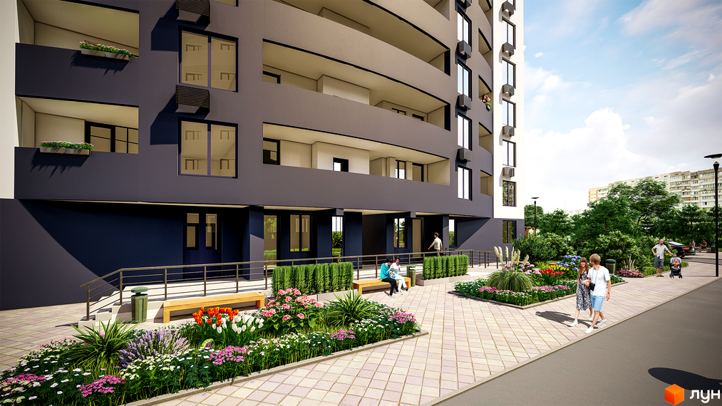 Житловий комплекс Райдужний: фасад будівлі з балконами та вікнами, зелена прибудинкова територія з квітами та місцями для відпочинку.