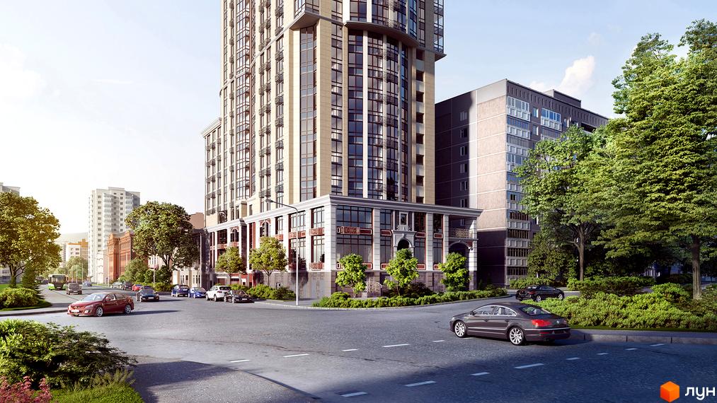 Висотна будівля житлового комплексу Володимирський з панорамним склінням. Навколо будинку розташована дорога з автомобілями та зелені насадження.